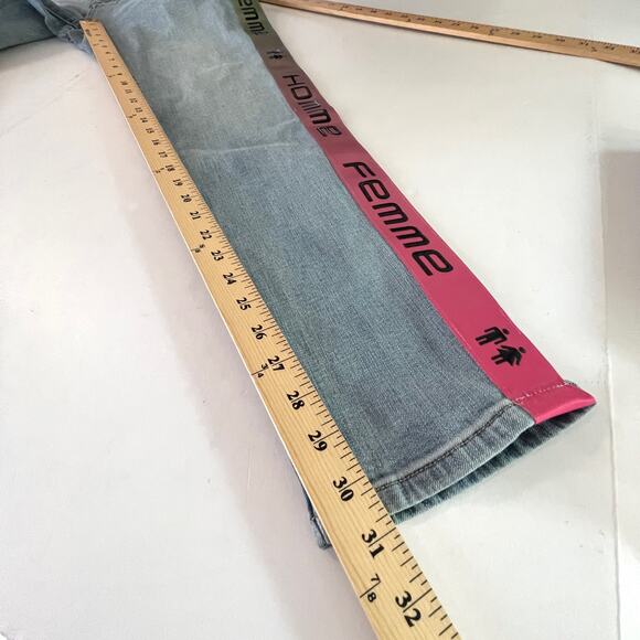 Homme + Femme NEW Tesla Skinny Blue Jeans Sz 38 Green Pink Gradient Logo Ribbon - Picture 9 of 10